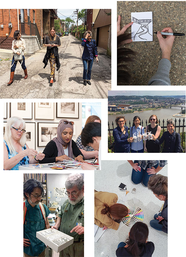 collage of photographs showing Carnegieg International artists exploring the city of Pittsburgh.