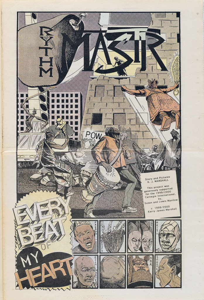 Comic book page depicting african-americans super heros in different panels. The words Rythm Mastr and Every beat of my heart appear in the comic.