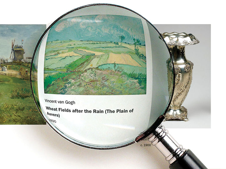 A magnifying glass passing over various artwork images from the museums collection.