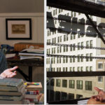 Photos of 2 artists. One is sitting at her desk, the other is sitting on the scaffolding of a billboard.