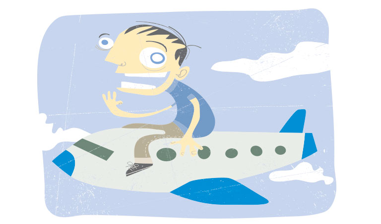 A comical illustration of a crazed man riding on a plane.