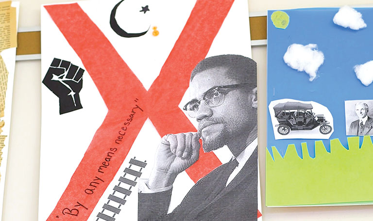 A student's artwork depicting Malcolm X.