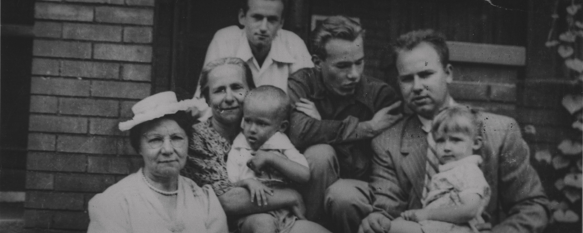 A black and white photo of the Warhola family in 1945