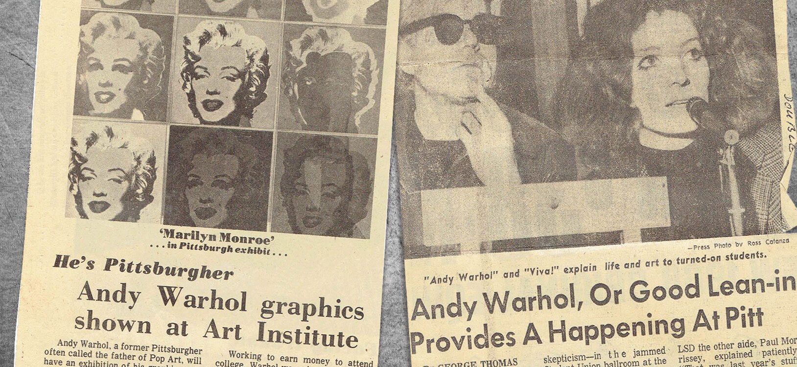 Old newspaper clippings depicting Andy Warhol.