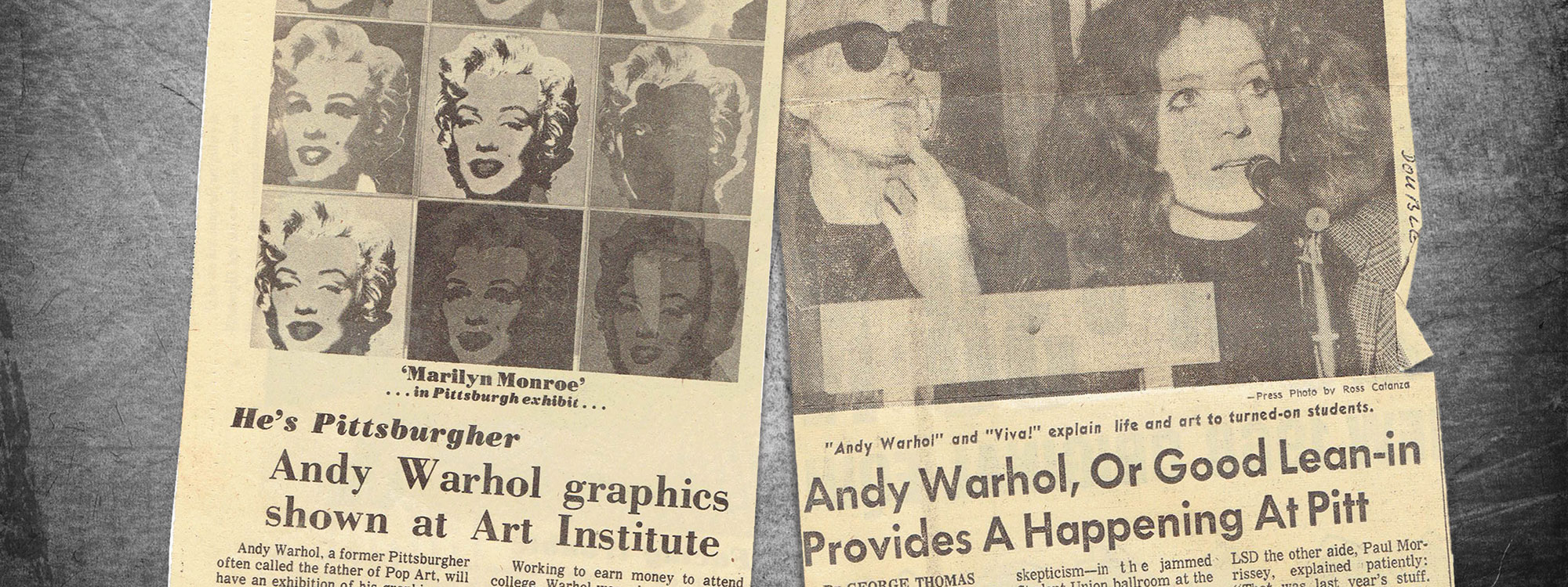 Old newspaper clippings depicting Andy Warhol.