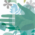 An illustration of a human hand holding a test tube surrounded by scientific symbols.