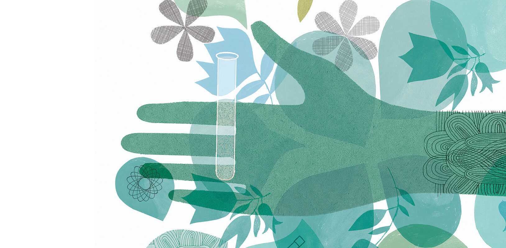 An illustration of a human hand holding a test tube surrounded by scientific symbols.