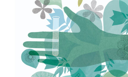 An illustration of a human hand holding a test tube surrounded by scientific symbols.