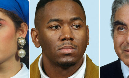 Three human faces with digital items superimposed onto them.