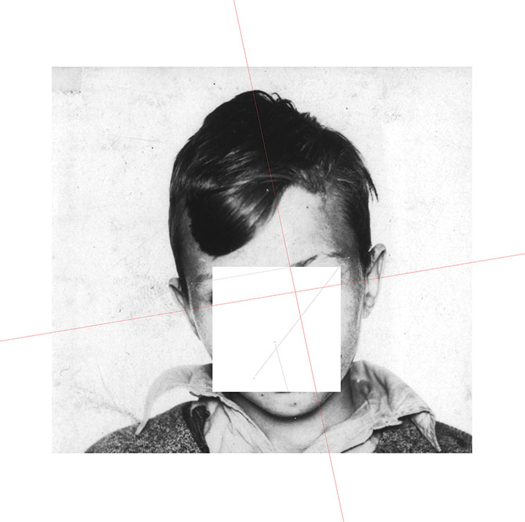 A black and white photo of a young boy with a white square blocking out his face. THin red lines cross the image.