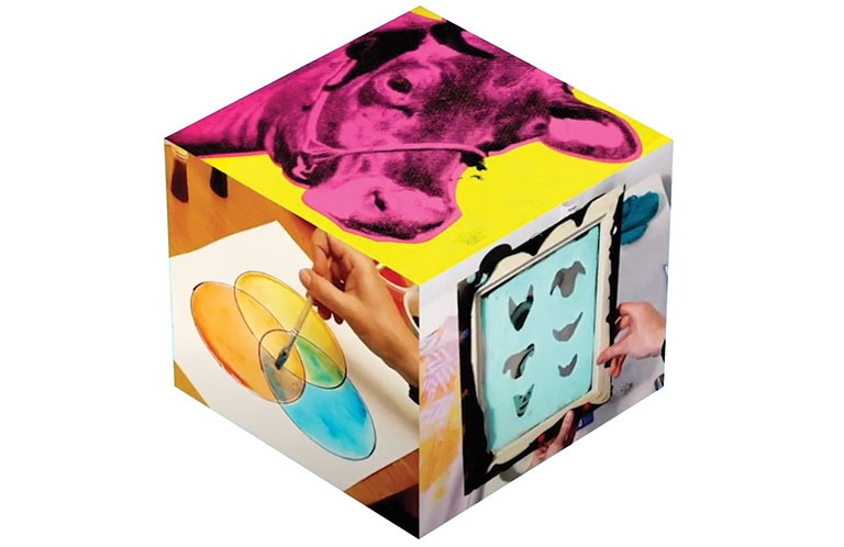 A colorful cube with images of Warhol online courses on each side.