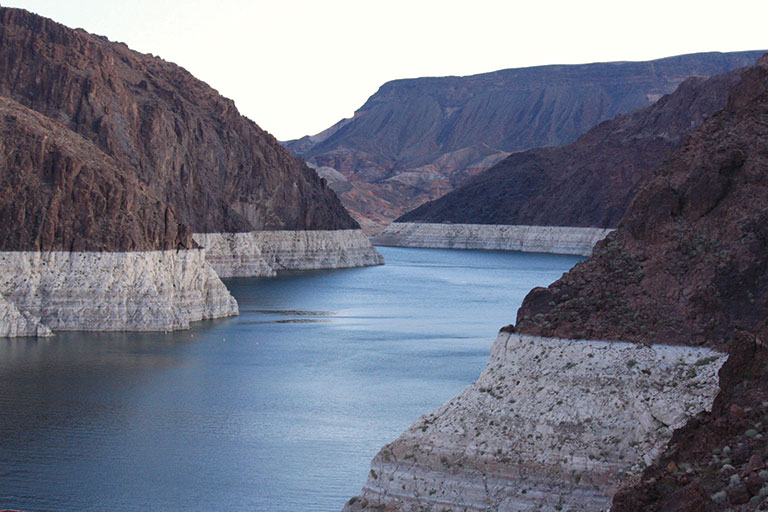 A photo of Lake Mead shoing the low water level