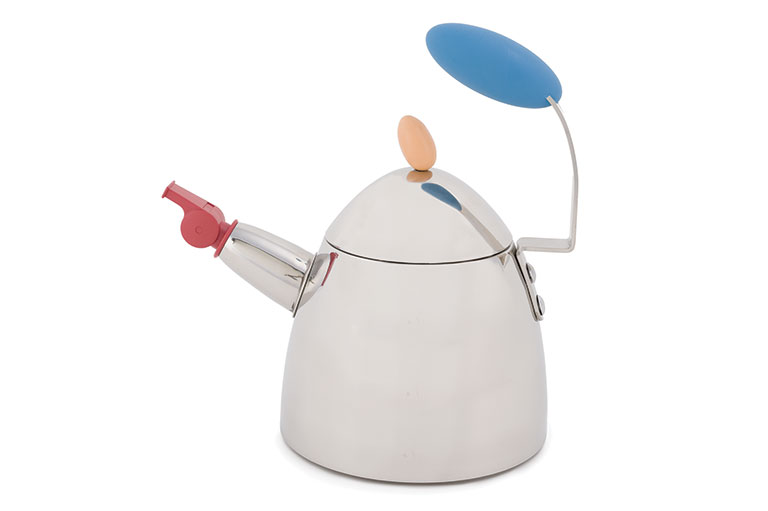 A whistle kettle with a red whistle and a blue handle