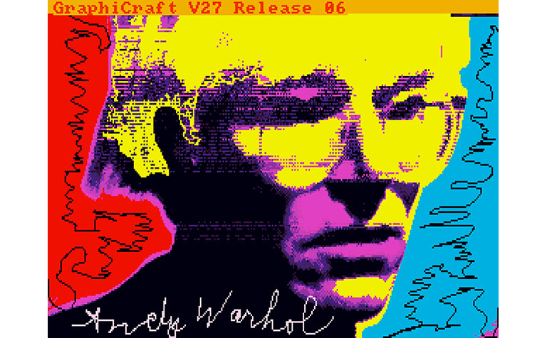 A colorful, pixelated portrait of Andy Warhol