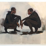 A painging of 2 black figures facing each other