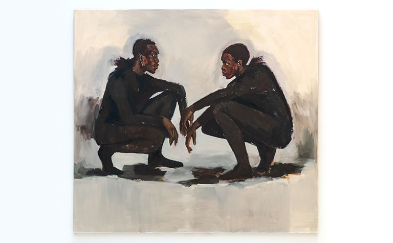 A painging of 2 black figures facing each other