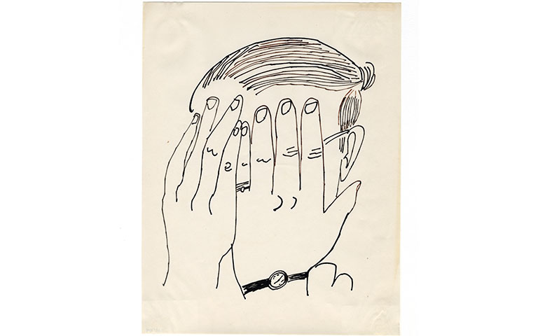 A line drawing portrait of Andy Warhol with his hands covering his face