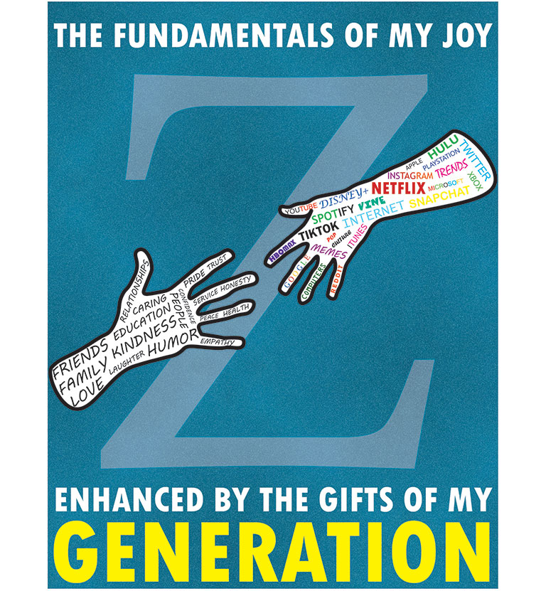 A poster with a large Z and the words the fundamentals of my Joy enhanced by the gifts of Generation Z