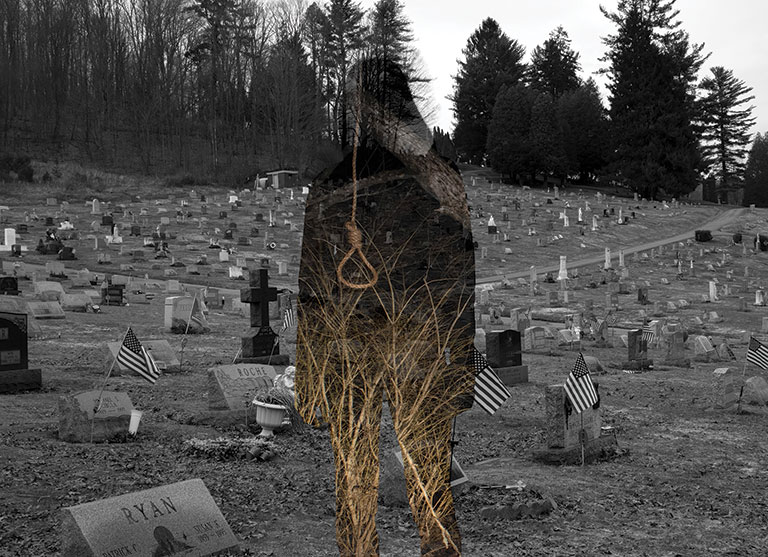 a photo of a graveyard with a figure in the foreground overlaid with a noose