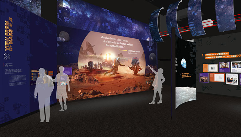 An exhibit showing historic versions of Mars.