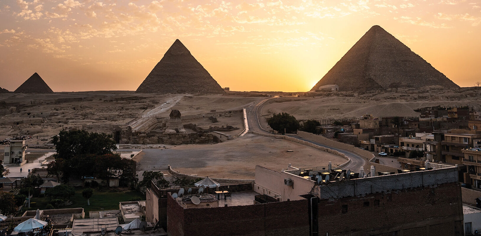 A view of the pyramids from the rooftop of a building in Giza.