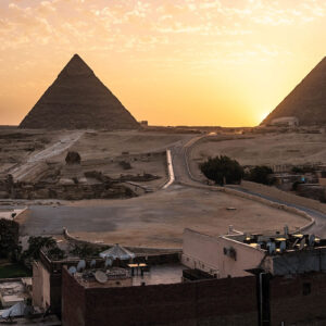 A view of the pyramids from the rooftop of a building in Giza.