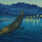 A Japanese print of a boat at nightime with lights in the background