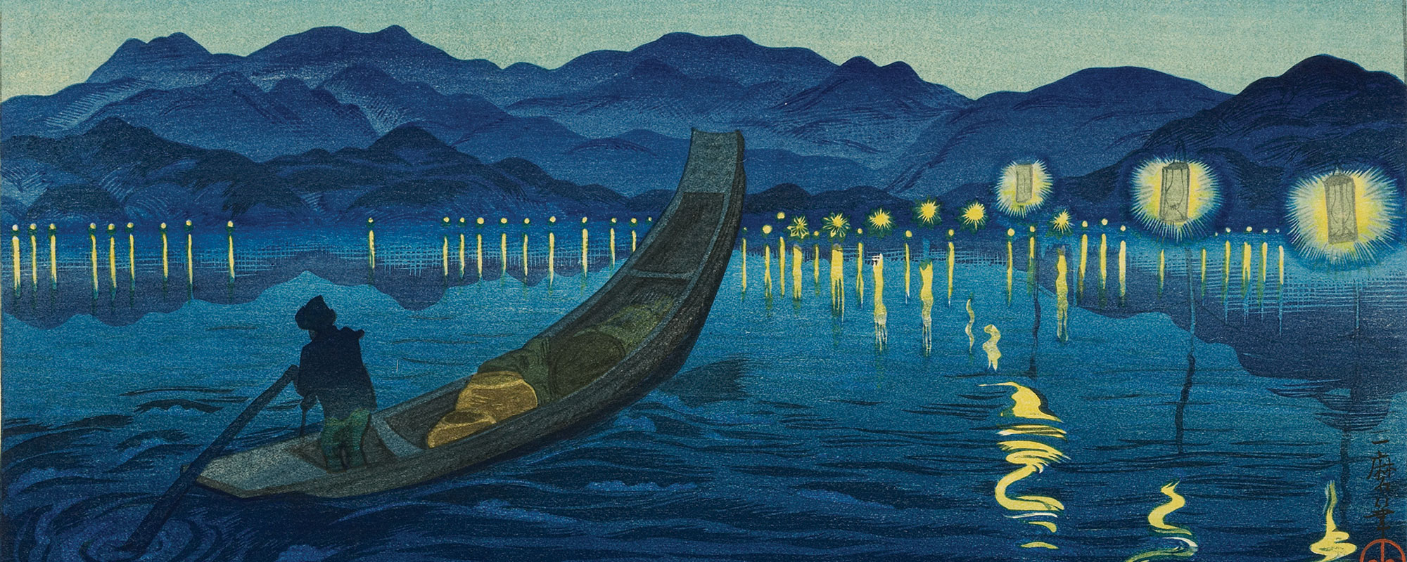 A Japanese print of a boat at nightime with lights in the background