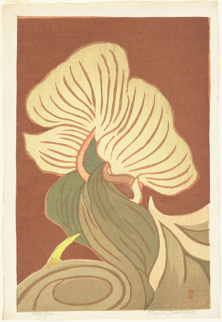 A Japanese print of a flower.