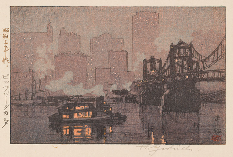 A Japanese print of the city of Pittsburgh with muted tones.
