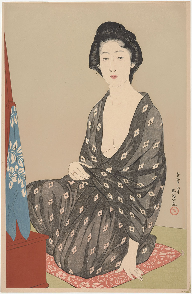 A Japanese print of a woman in a Kimona.