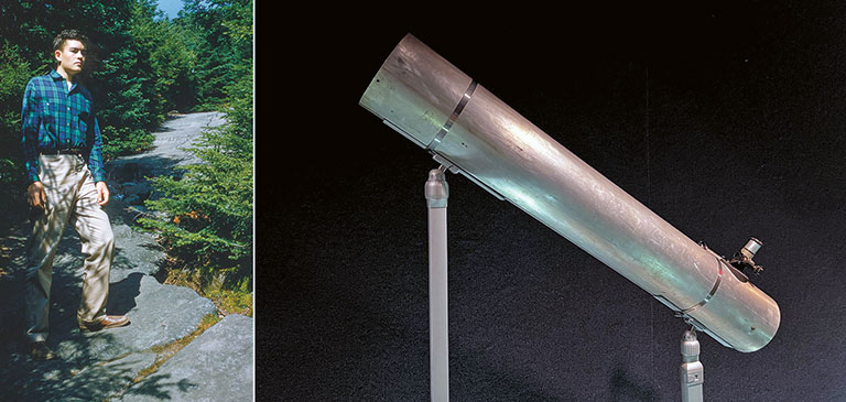 A vintage photo of a teenage boy and a homemade telescope.