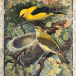 Painting of two colorful, yellow, birds, standing on branches around a nest.