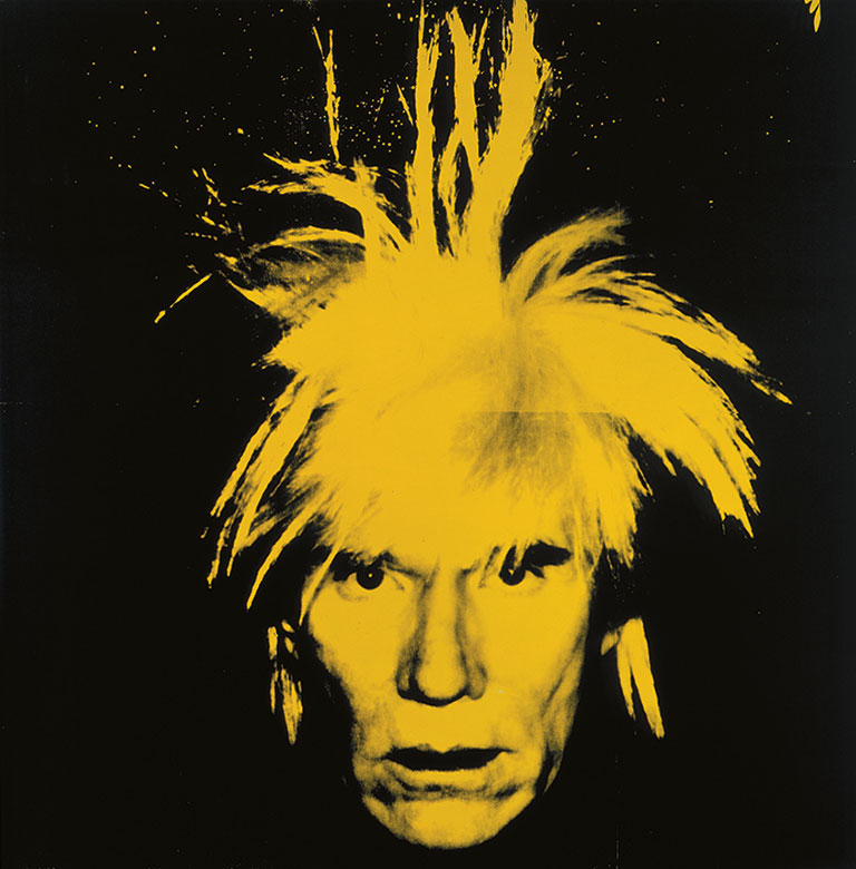 A graphic yellow self-portrait of Andy Warhol against a black background