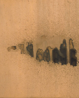 A large piece of artwork with abstract shapes printed in dark colors against a copper background.