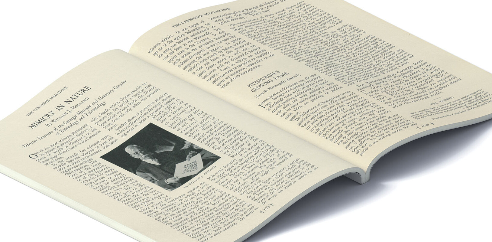 Open magazine displaying an article titled "Mimicry in Nature" with a small black-and-white photo of a man. Dense text fills both pages, conveying an academic tone.