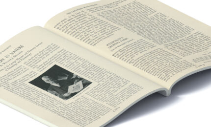 Open magazine displaying an article titled "Mimicry in Nature" with a small black-and-white photo of a man. Dense text fills both pages, conveying an academic tone.