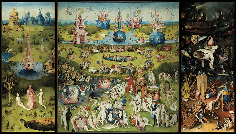 A triptych painting depicting a fantastical scene. The left panel shows a lush garden with figures; the central panel is vibrant with surreal scenes of many nude figures, animals, and oversized fruits; the right panel portrays a darker, chaotic world. The overall tone is mysterious and dreamlike.