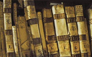 A row of aged, leather-bound books with faded, handwritten titles and ornate designs on their spines. The scene conveys a sense of history and antiquity.