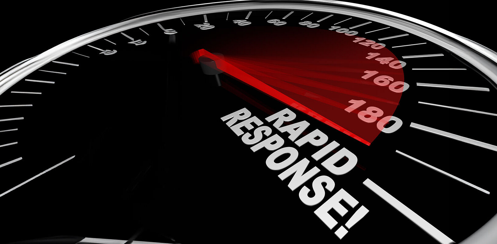 Close-up of a speedometer with a red needle pointing at 180. The words "RAPID RESPONSE!" are prominently displayed, conveying urgency and speed.