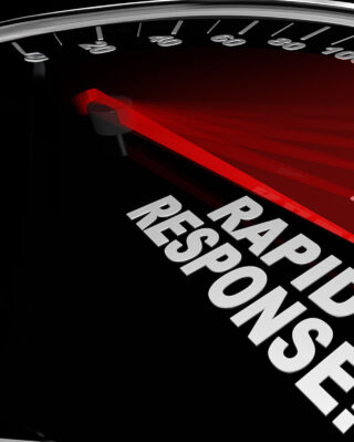 Close-up of a speedometer with a red needle pointing at 180. The words "RAPID RESPONSE!" are prominently displayed, conveying urgency and speed.
