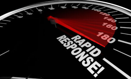 Close-up of a speedometer with a red needle pointing at 180. The words "RAPID RESPONSE!" are prominently displayed, conveying urgency and speed.