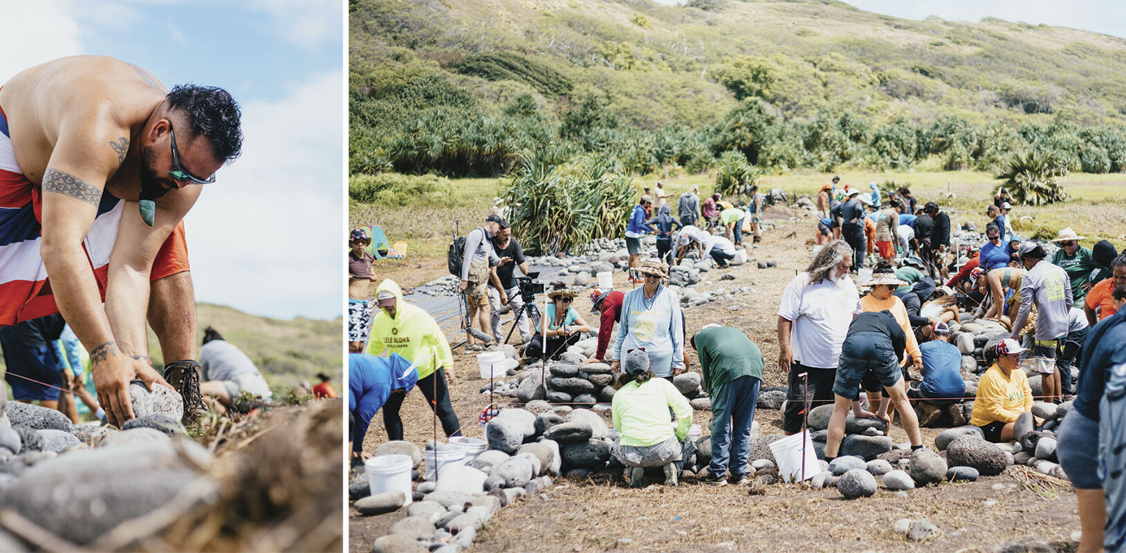 A group of people work together outdoors, carefully arranging stones on the ground under a sunny sky, amidst lush greenery.