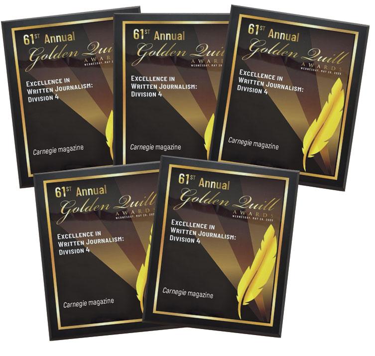 Five awards for the 61st Annual Golden Quill, featuring a gold quill design on a black and brown background, celebrating written journalism excellence.
