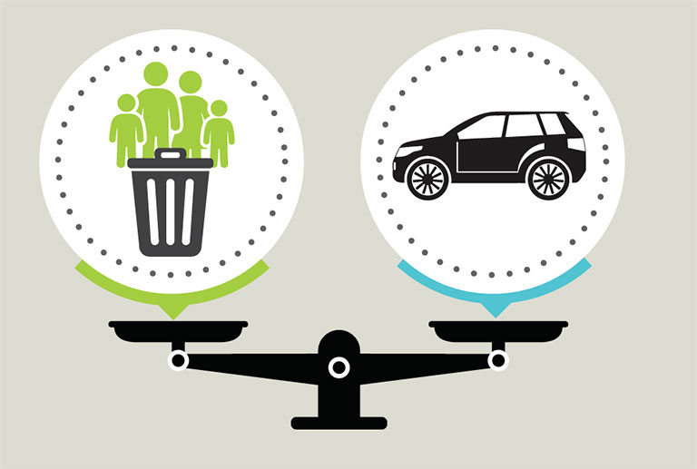 Illustration of a balance scale comparing people and a trash bin with a car, symbolizing choices between waste and transportation.