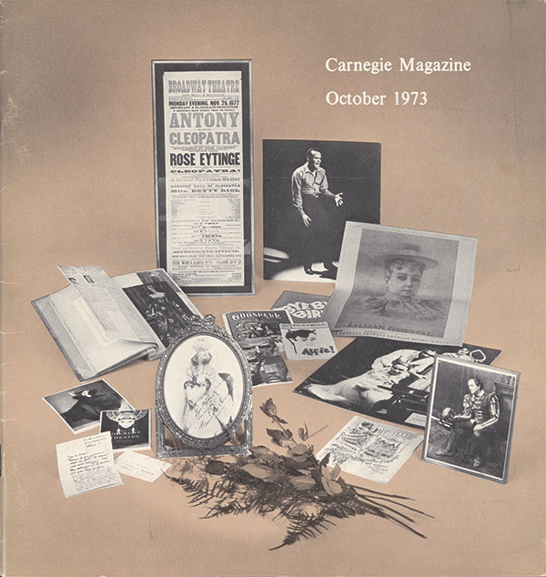 Vintage Carnegie Magazine, October 1973, displayed with open books, photographs, clippings, and a framed portrait in a nostalgic archival collage.