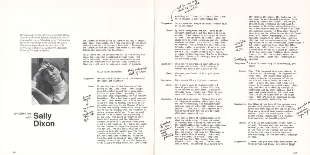 Magazine spread featuring a black-and-white portrait of Sally Dixon alongside an interview, biography, and handwritten editorial annotations.