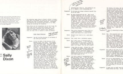 Magazine spread featuring a black-and-white portrait of Sally Dixon alongside an interview, biography, and handwritten editorial annotations.