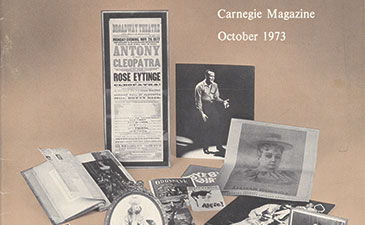 Vintage Carnegie Magazine, October 1973, displayed with open books, photographs, clippings, and a framed portrait in a nostalgic archival collage.