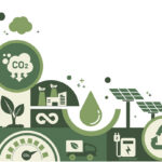 Hopeful green sustainability infographic with a globe, wind turbines, solar panels, CO2 emissions, leaves, recycling symbols, and an electric vehicle.